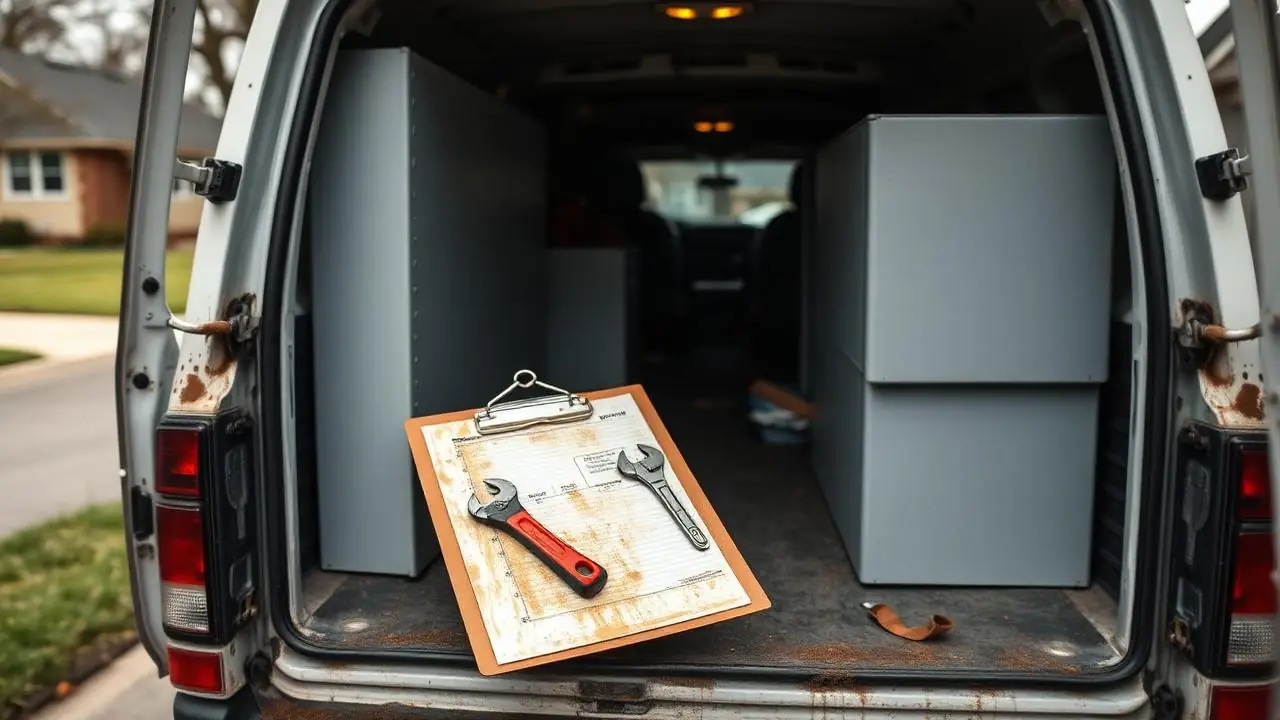 Clipboard and pipe wrench on a service van tailgate