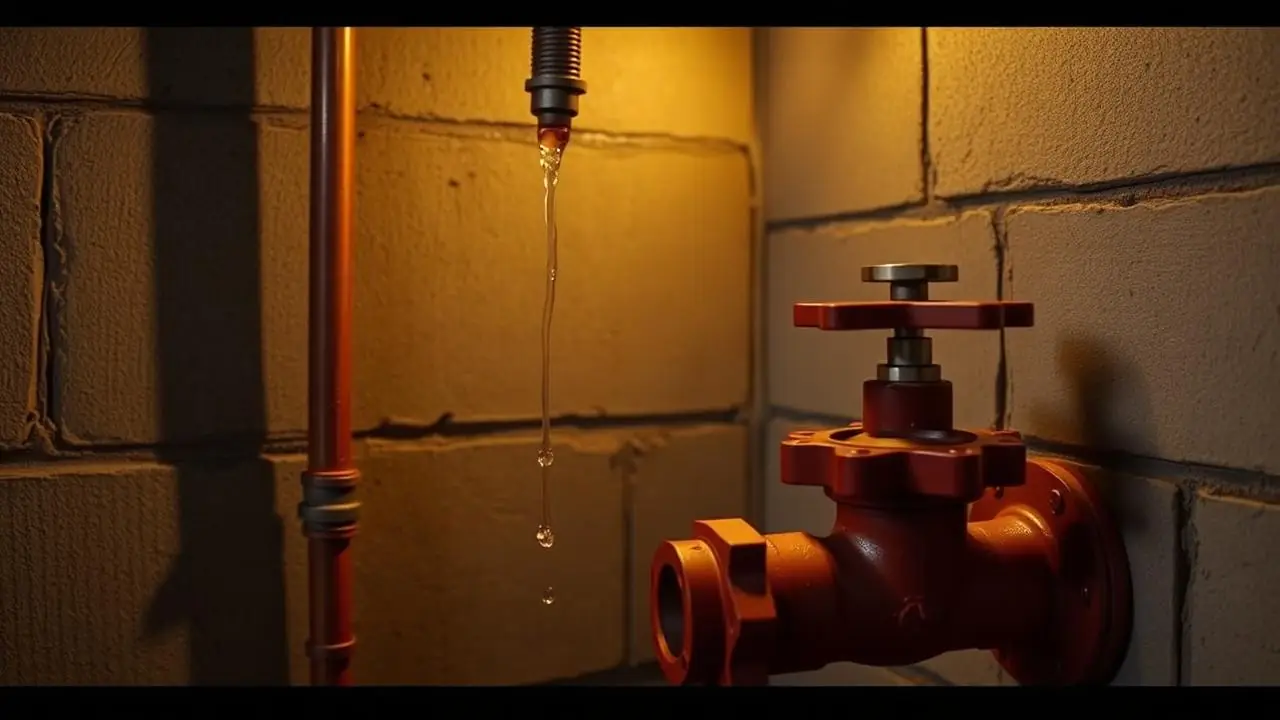 Leaking copper supply line beside a basement main shutoff