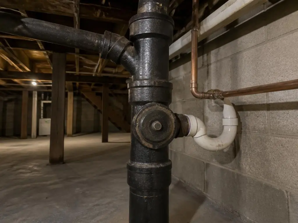 Basement plumbing with cast-iron main stack and cleanout in a Brunswick, OH home