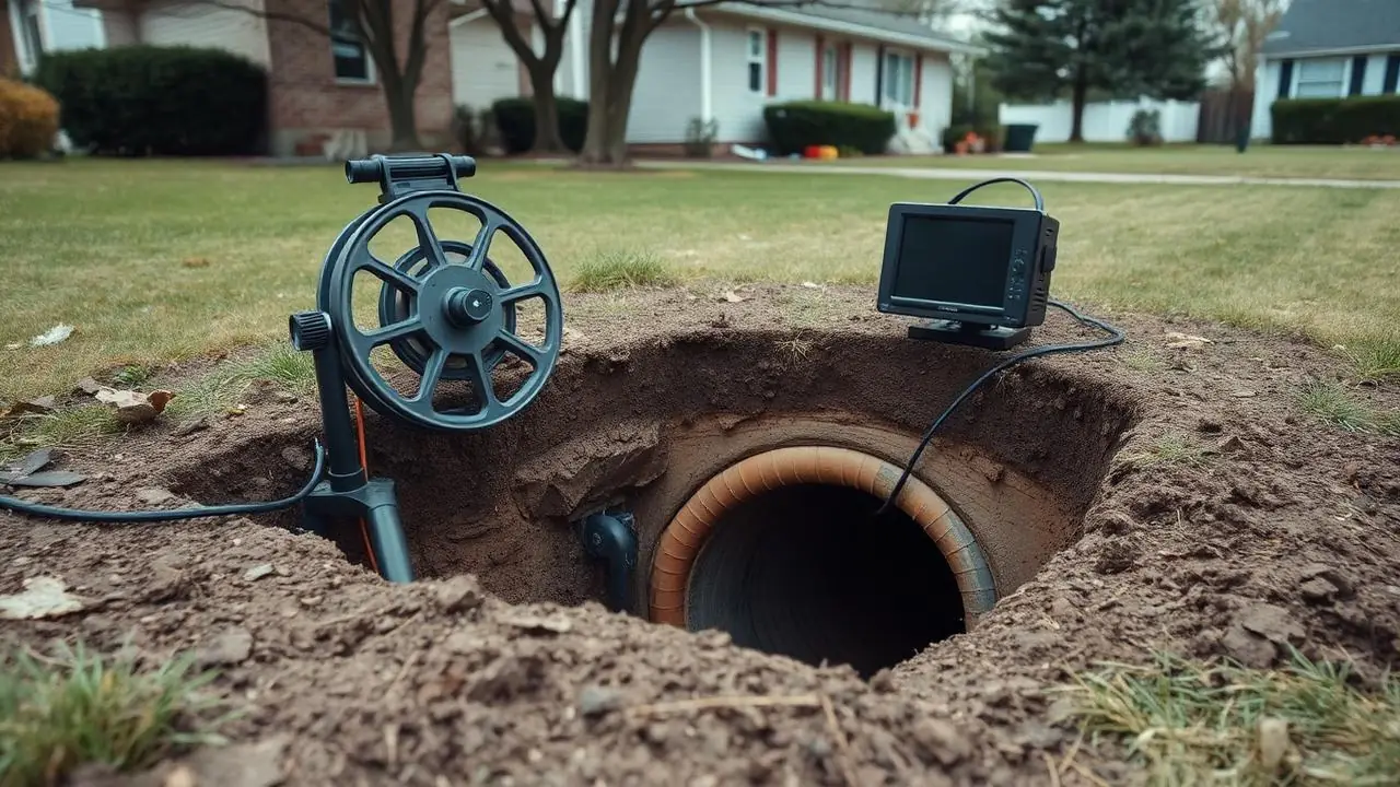 Sewer camera reel and monitor at an open cleanout