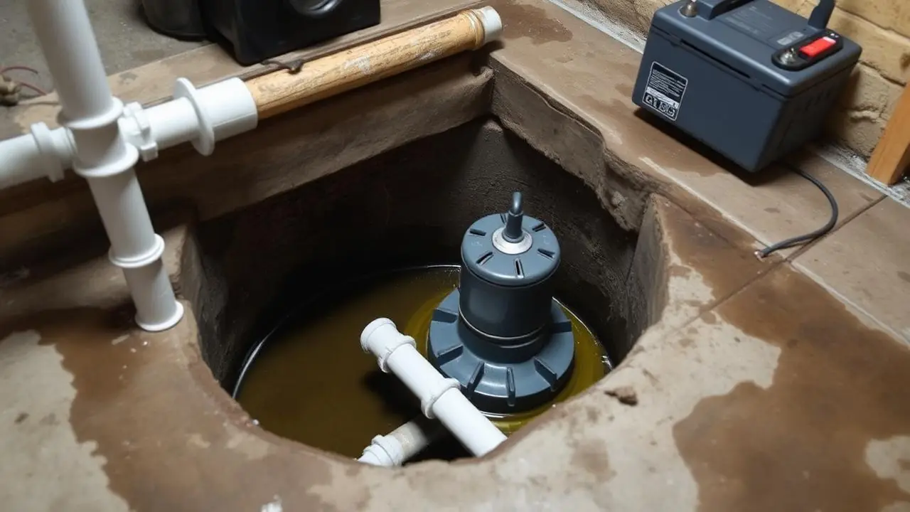 Sump pump in a basement pit with discharge piping